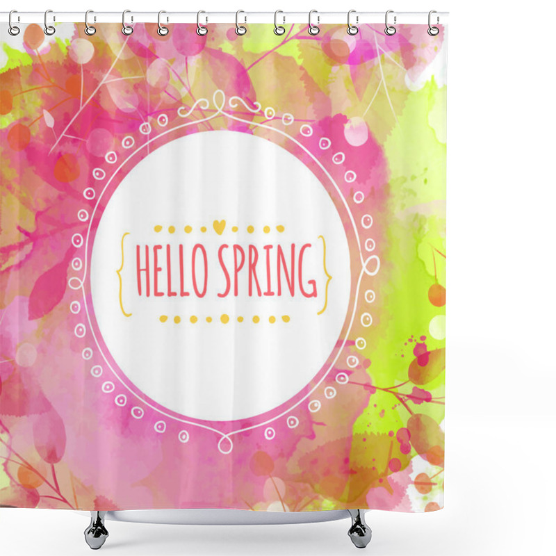 Personality  Creative Green And Pink Texture With Leaves And Berries Traces. Doodle Circle Frame With Text Hello Spring. Vector Design For Spring Sales, Banners, Advertisement. Shower Curtains