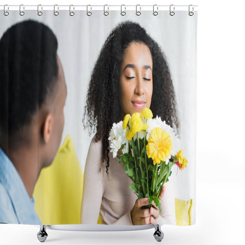 Personality  Selective Focus Of African American Woman Holding Bouquet Of Flowers Shower Curtains