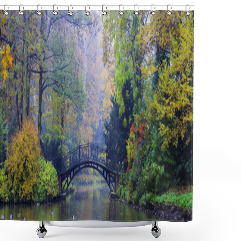 Personality  Autumn - Old Bridge In Autumn Misty Park Shower Curtains