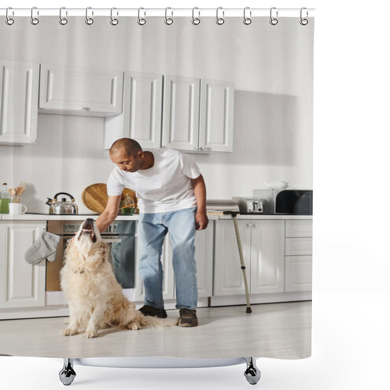 Personality  An African American Man With Myasthenia Gravis Stands In A Kitchen, Sharing A Harmonious Moment With His Labrador Dog. Shower Curtains