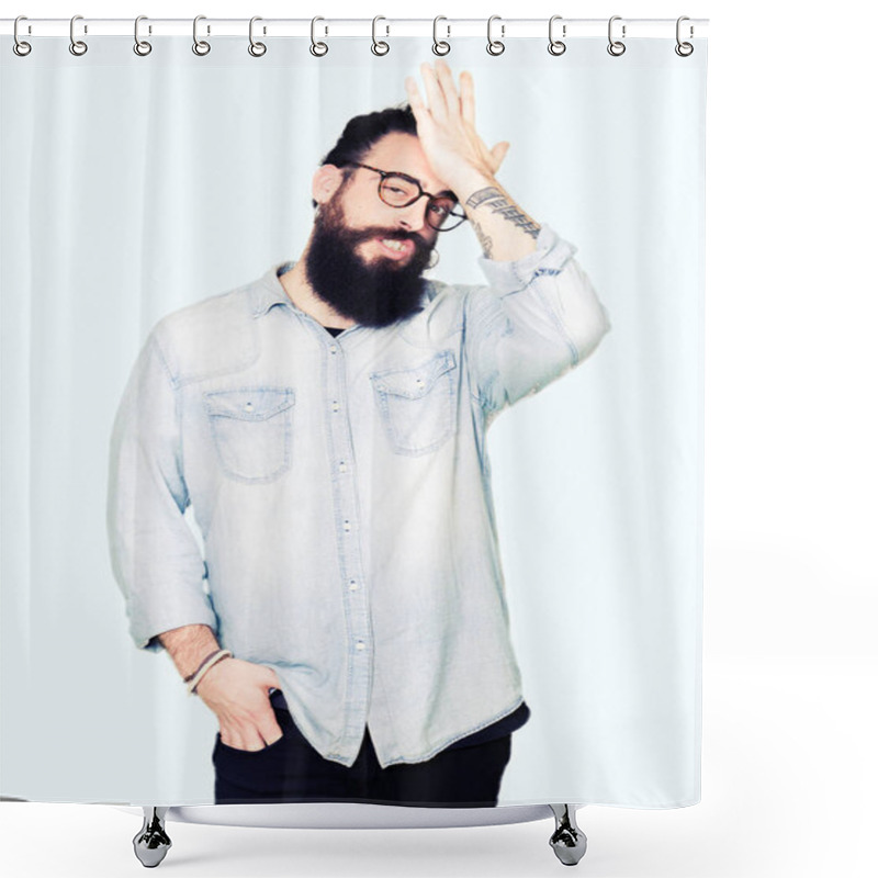 Personality  Young Hipster Man With Long Hair And Beard Wearing Glasses Surprised With Hand On Head For Mistake, Remember Error. Forgot, Bad Memory Concept. Shower Curtains