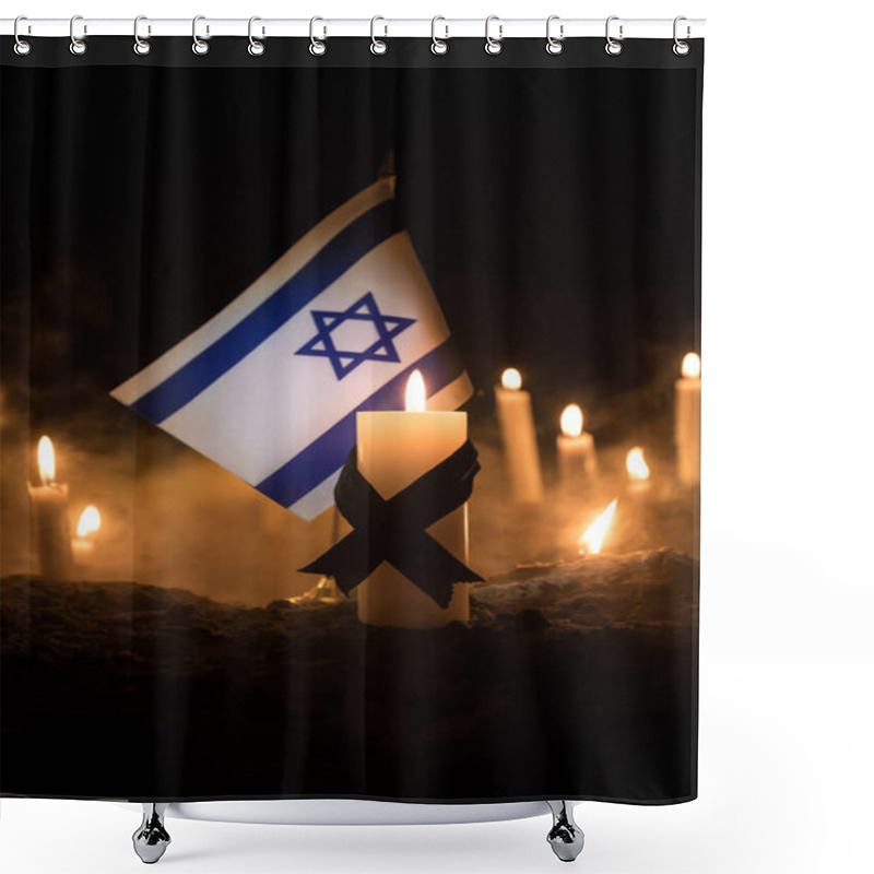 Personality  Israel Flag On Burning Dark Background With Candle. Attack On Israel, Mourning For Victims Concept Or Concept Of Crisis Of War And Political Conflict. Selective Focus Shower Curtains