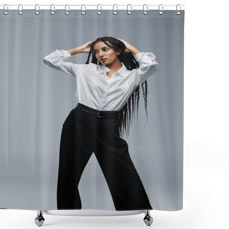 Personality  A Young Woman With Long Braids Poses With Her Hands Behind Her Head, Wearing A White Shirt And Black Trousers. Shower Curtains