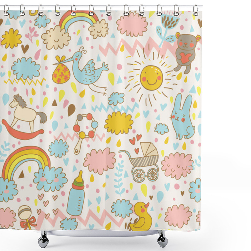 Personality  Concept Baby's Seamless Pattern. Toys, Children's Clothes, Animals In The Sky. Best Pattern For Wrapping Paper For Babies Shower Curtains