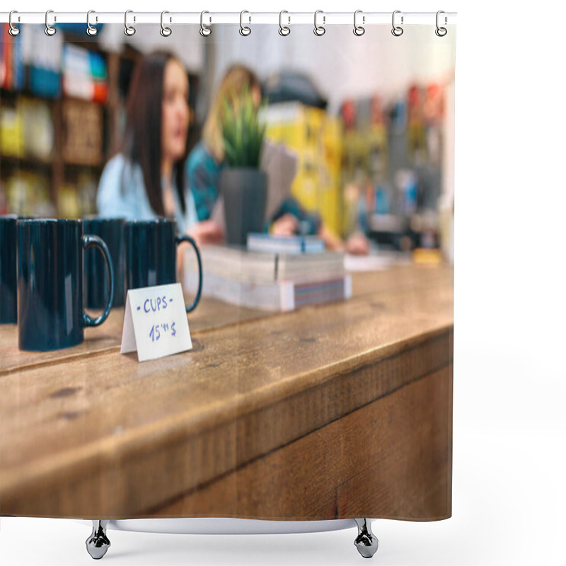 Personality  Close Up Of Blue Breakfast Mugs For Retail Sale Over Wooden Counter In Vintage Shop. Concentrated Women Entrepreneur Checking Orders Received By Online Ecommerce In A Small Business. Shower Curtains