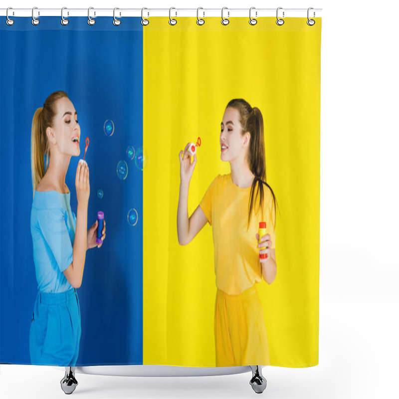 Personality  Elegant Stylish Women Blowing Bubbles On Blue And Yellow Background Shower Curtains