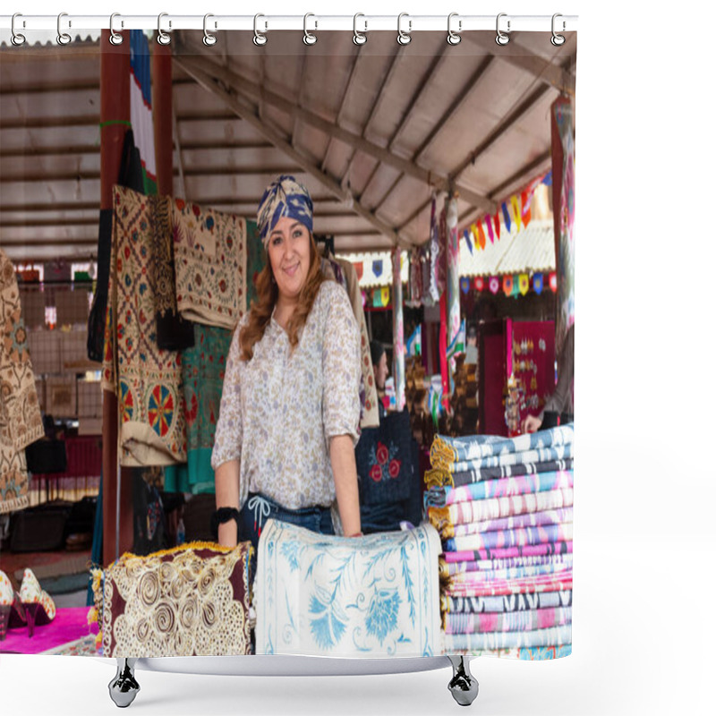 Personality  Portrait Of Beautiful Young Woman From Kazakhstan In Traditional Dress Participating In Surajkund Craft Fair, Faridabad, Haryana, India, February 2020 Shower Curtains