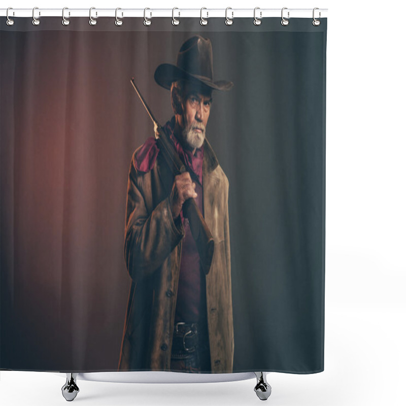 Personality  Old Rough Western Cowboy With Gray Beard And Brown Hat Holding R Shower Curtains