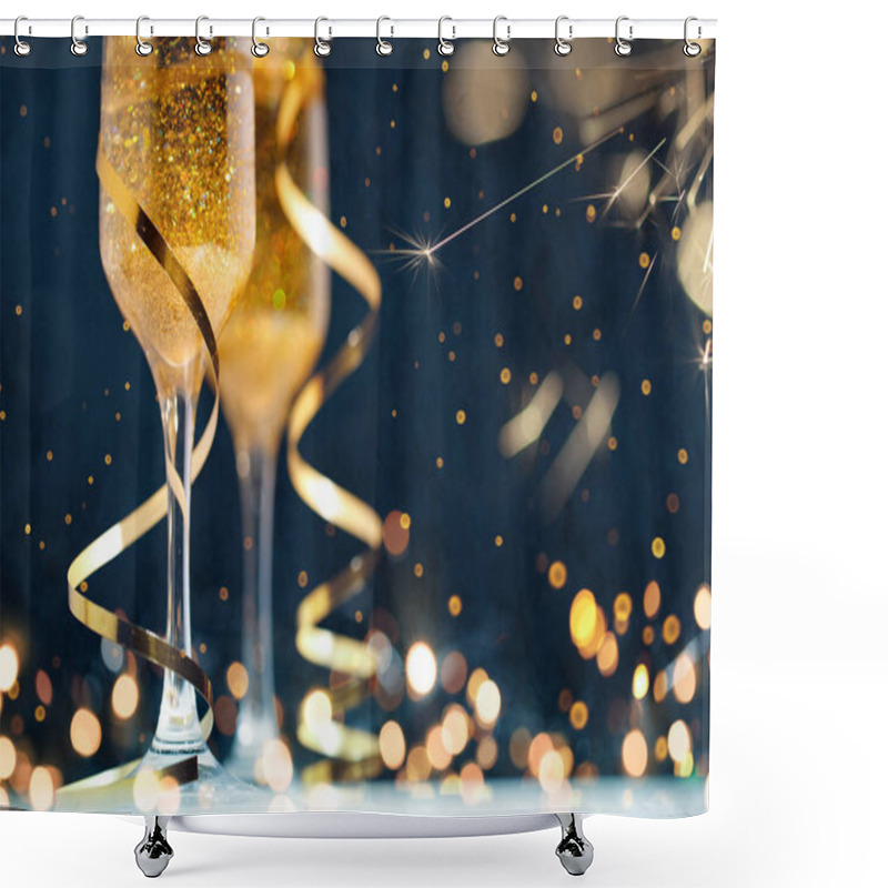 Personality  Two Glasses Of Champagne With Golden Confetti, Glitter, Serpentine And Lights. Shower Curtains