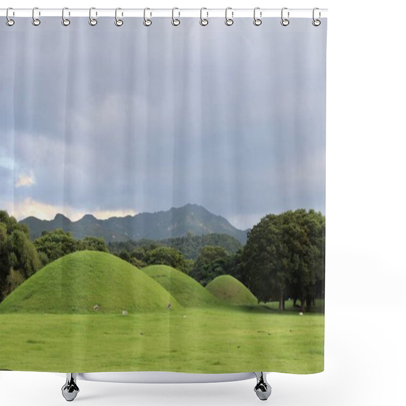 Personality  Ancient Korean Burial Mounds At Daereungwon Tomb Complex In A Verdant Landscape With Forest And Mountainous Backdrop On An Overcast Day In Gyeongju, South Korea. High Quality Photo Shower Curtains