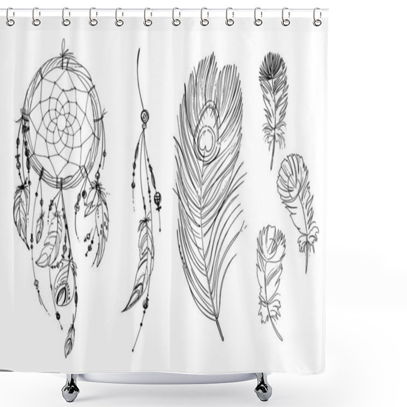 Personality  Dreamcatcher Hippie Decoration Tattoo Vector Line. Boho Style, Beads And Feathers. Shower Curtains