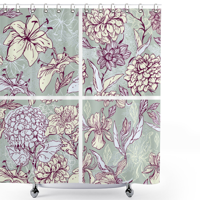 Personality  Set Of 4 Floral Seamless Patterns With Hand Drawn Flowers - Tige Shower Curtains