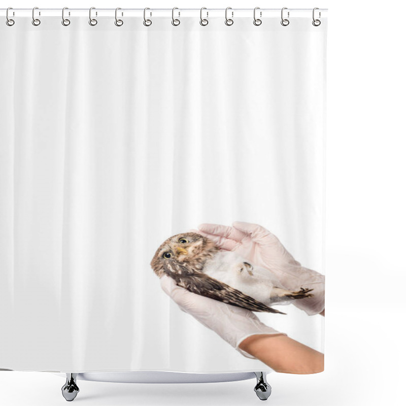 Personality  Partial View Of Veterinarian Holding Wild Injured Owl Isolated On White With Copy Space Shower Curtains