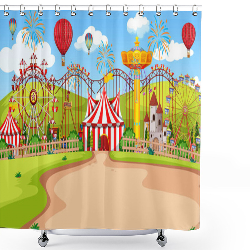 Personality  Themepark Scene With Many Rides At Day Time Illustration Shower Curtains