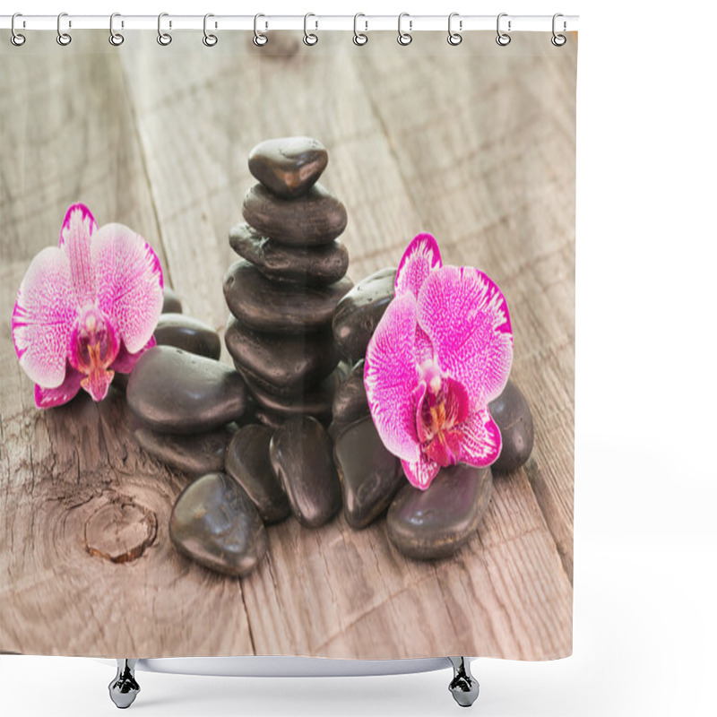 Personality  Fuchsia Phalaenopsis Orchids And Black Stones On Weathered Deck Shower Curtains