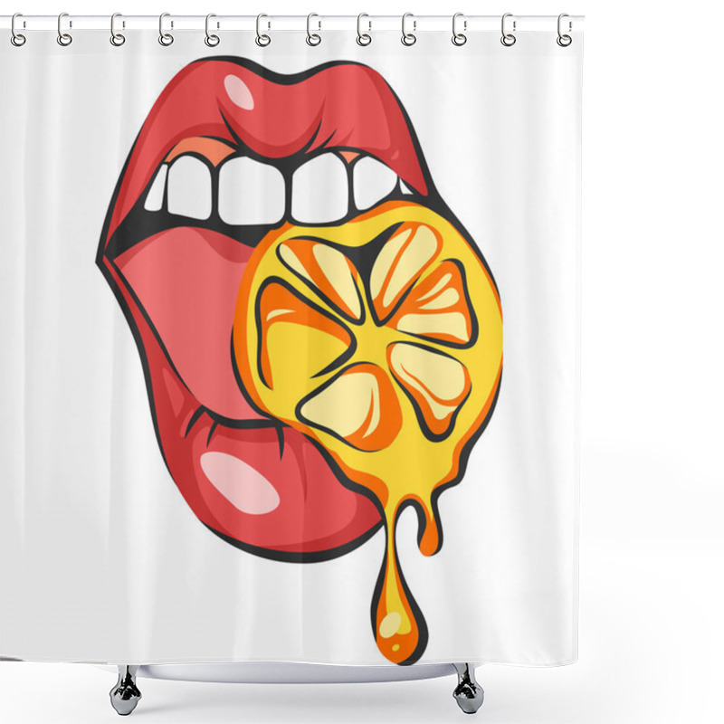 Personality  Sexy Lips With Juicy Orange. Pop Art Mouth Biting Citrus. Close Up View Of Cartoon Girl Eating Fruit. Isolated Vector Illustration On White Background. Shower Curtains