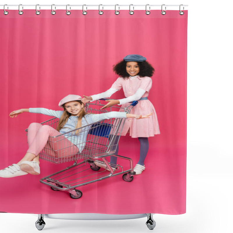 Personality  Trendy African American Girl Pointing At Happy Friend Having Fun In Shopping Cart On Pink Shower Curtains