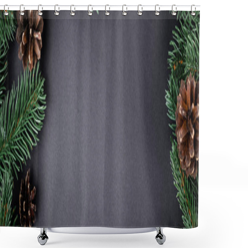 Personality  Pine Cones With Fir Branches On Black Background, New Year Concept, Banner Shower Curtains