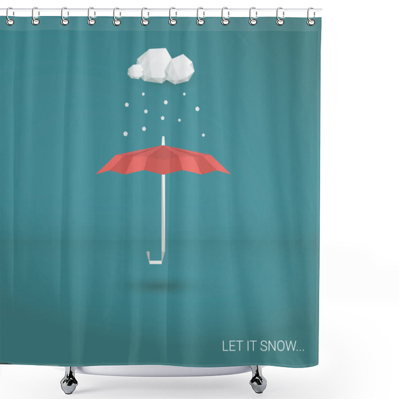 Personality  Christmas Snowing Card. Red Umbrella And Falling Snowflakes. Holiday Postcard Template. Shower Curtains