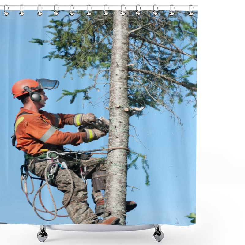 Personality  Close Up Of A Professional Lumberjack Cutting Tree On The Top  Shower Curtains