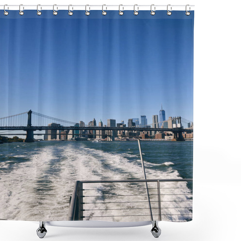 Personality  A View Of The New York City Skyline From The Water, With A Bridge In The Foreground. Shower Curtains