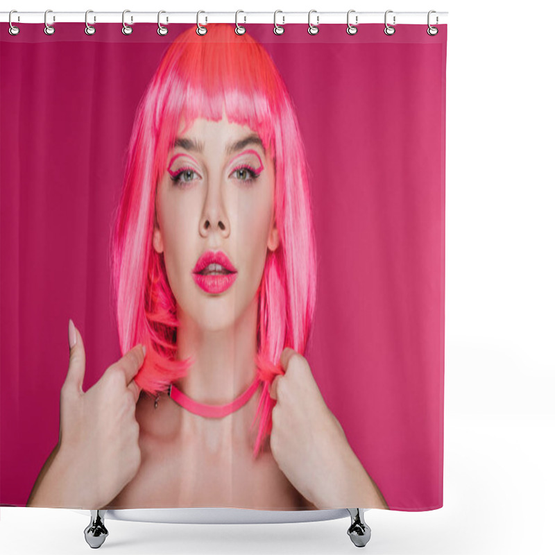 Personality  Beautiful Sensual Girl Posing In Neon Pink Wig, Isolated On Pink Shower Curtains