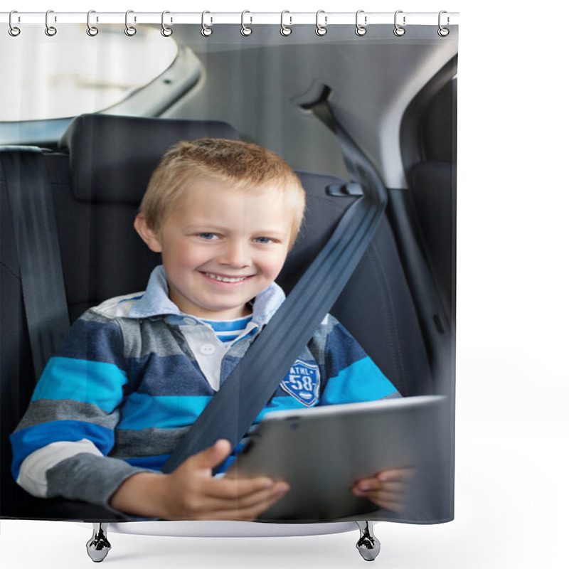 Personality  Young Boy Sitting Holding A Tablet Shower Curtains