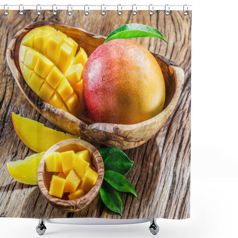 Personality  Mango Fruit And Mango Cubes On The Wooden Table. Shower Curtains