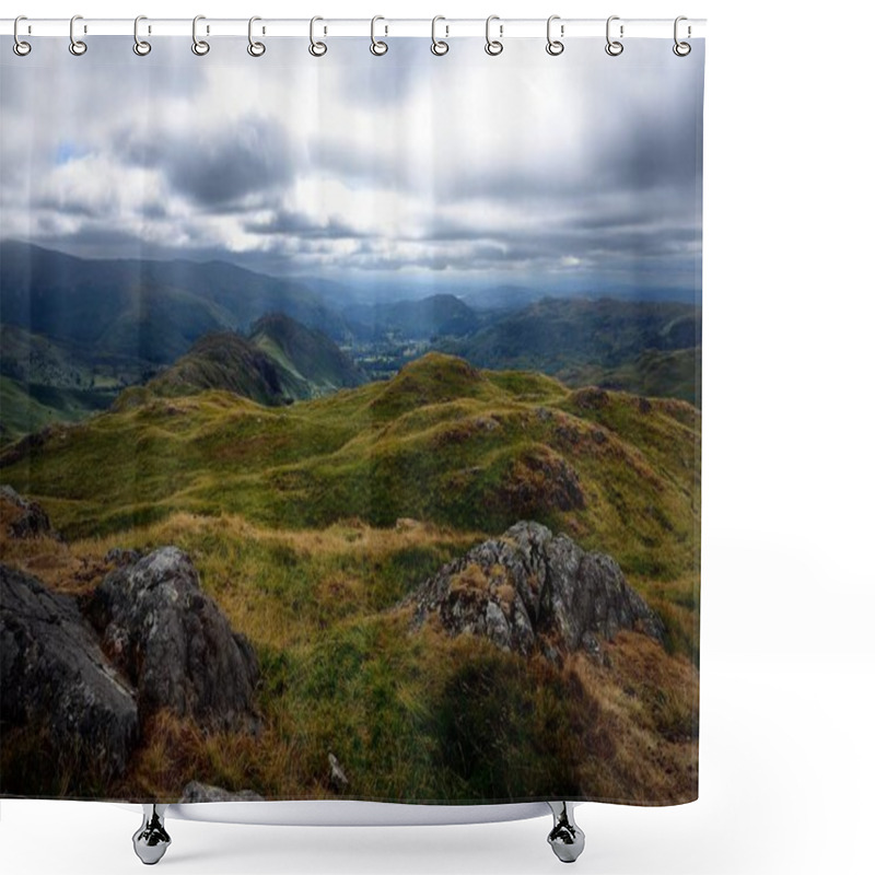 Personality  Dark Storm Clouds Over Grasmere Shower Curtains