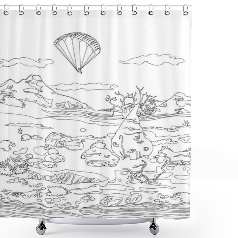 Personality  Hand Drawing Ornamental Landscape Trees And Stones, Travel Paragliding Dreams, Shower Curtains