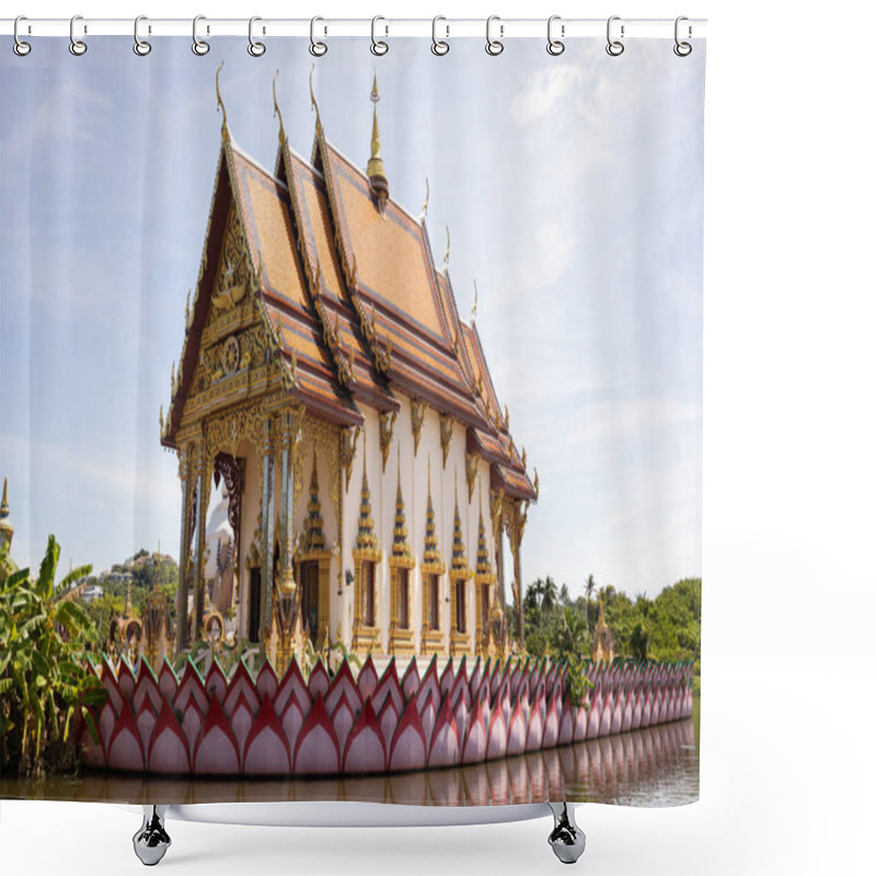 Personality  Ornate Thai Temple Surrounded By Water, Showcasing Intricate Golden Decorations, Vibrant Colors, And Traditional Architecture Against A Clear Sky. Highlights The Beauty Of Thai Spiritual Heritage. Shower Curtains