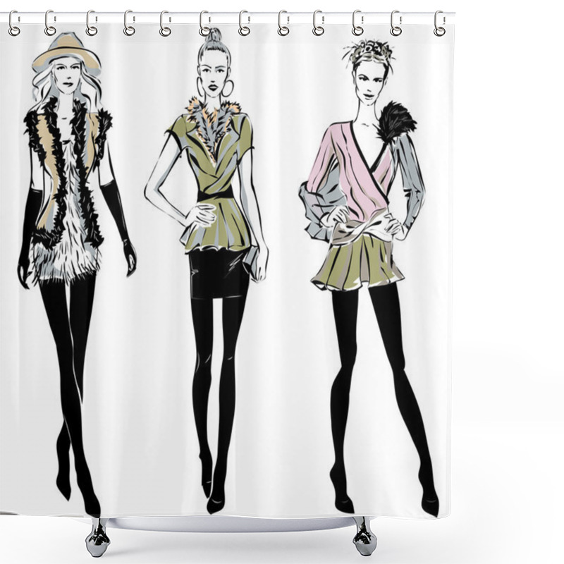 Personality  Fashion Models In Sketch Style Fall Winter Shower Curtains