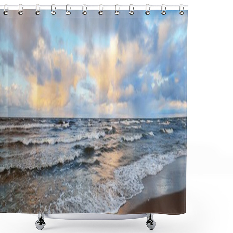 Personality  Colorful Sunset Clouds Above The Baltic Sea, Cyclone In Winter. Dramatic Sky, Waves And Water Splashes. Germany. Ecology, Climate Change, Global Warming Concepts Shower Curtains