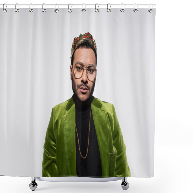 Personality  Eastern Hip Hop Performer In Green Velvet Blazer And Crown Isolated On Grey Shower Curtains