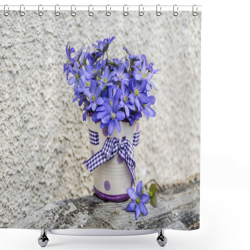 Personality  Beautiful Bouquet Of Blue Flowers In A Small Vase With Dots And Ribbon .Spring Flowers Shower Curtains