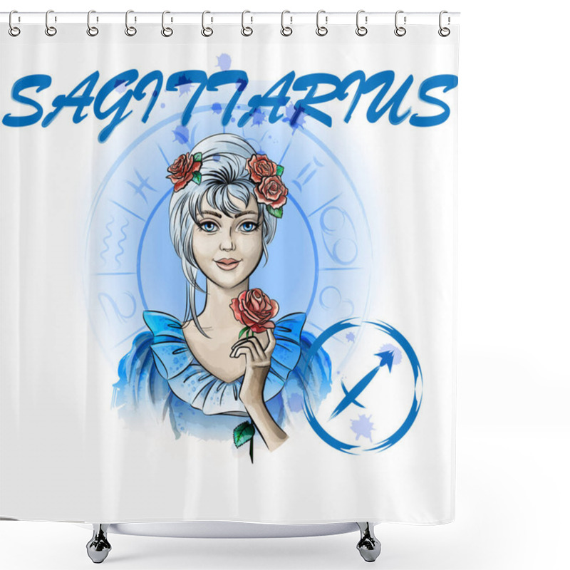 Personality  Zodiac Sign Sagittarius.Portrait Of A Lady With Roses In The Zodiac Circle Shower Curtains