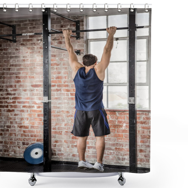 Personality  Rear View Of Man Doing Pull Ups Shower Curtains