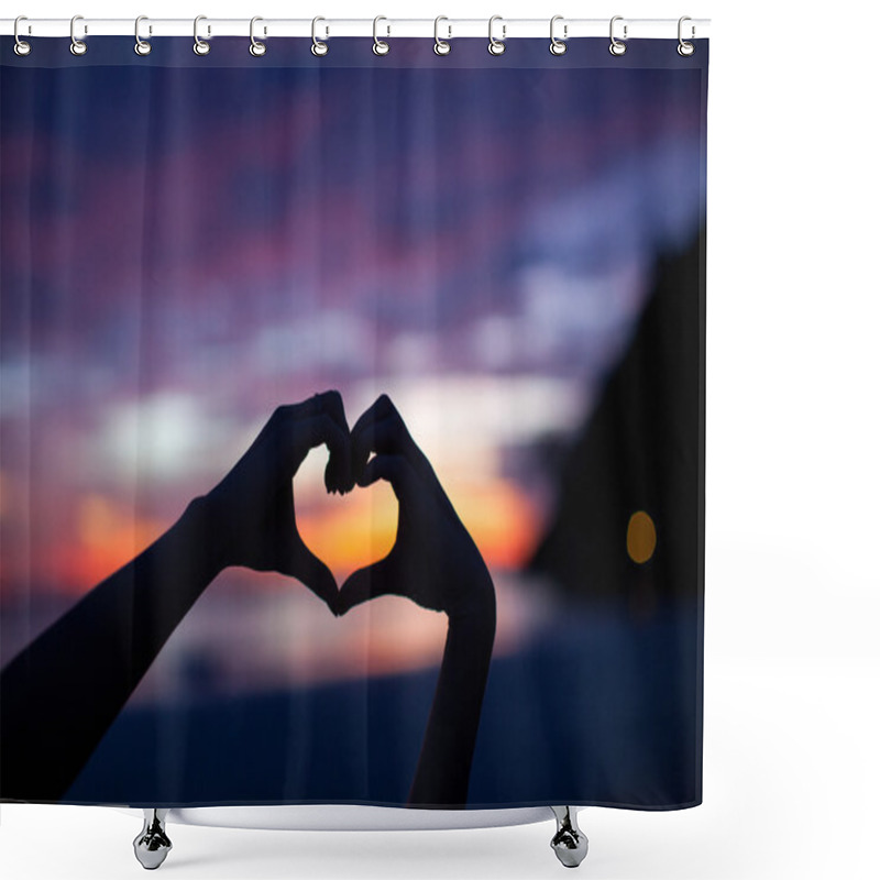 Personality  Silhouette Hand In Heart Shape With Sunset In The Middle And Beach Background Shower Curtains