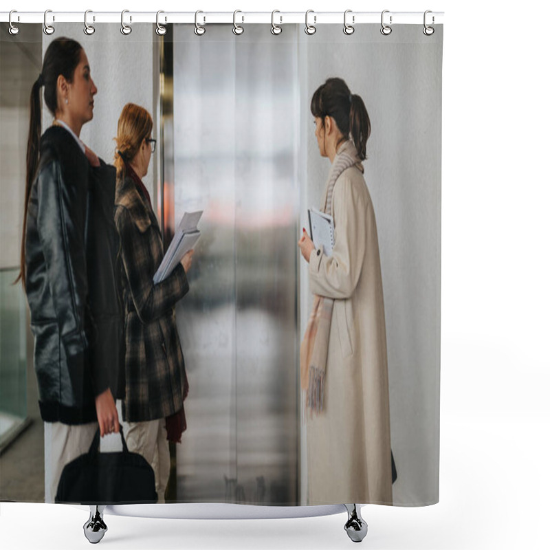 Personality  Three Women Dressed Professionally, Standing Near An Elevator In A Modern Urban Environment. Represents Themes Of Business, Waiting, Teamwork, And Urban Life. Shower Curtains