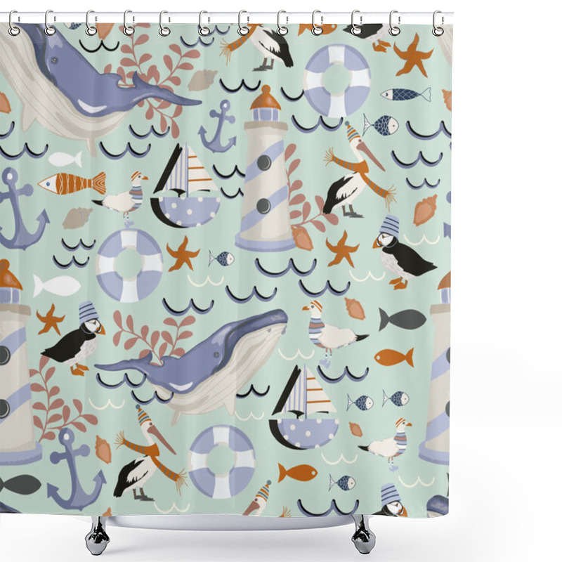 Personality  Vector Seamless Pattern Background With Whales, Boats And Fish.  Shower Curtains