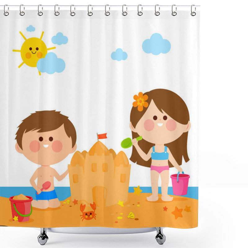 Personality  Children At The Beach Building A Sandcastle Shower Curtains