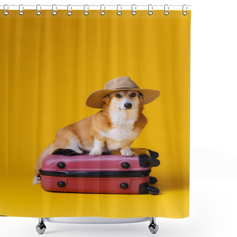 Personality  Adorable Cute Welsh Corgi Pembroke Going On Vacation Standing On Red Suitcase With Straw Hat On Yellow Studio Background. Funny Vacation And Travel Concept Shower Curtains