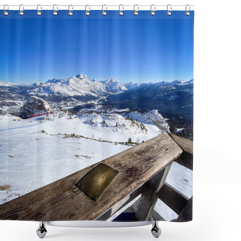 Personality  Panoramic View Of Ampezzo Valley Near Cortina In The Dolomites In Italy With Punta Sorapiss Mountain (middle Left) And Antelao (middle Right) Against Blue Sky In Winter Shower Curtains