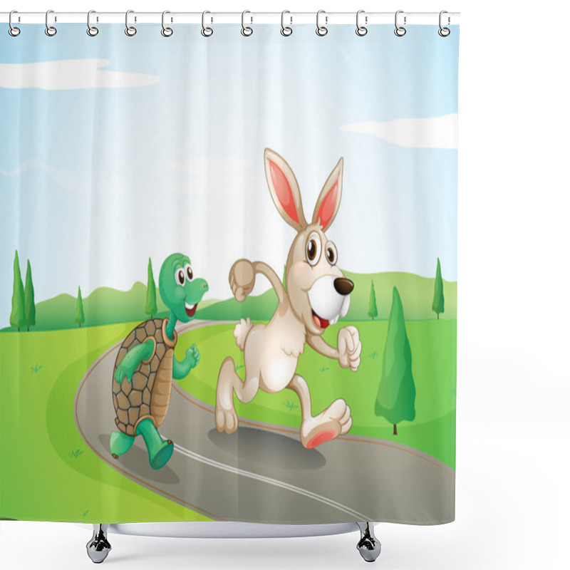 Personality  A Bunny And A Turtle Running Along The Road Shower Curtains