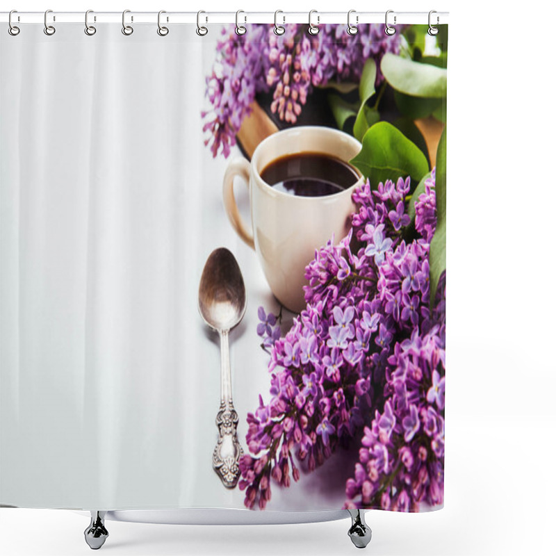 Personality  Black Coffee In A Cup, A Spoon And Fresh Lilac Flowers Shower Curtains