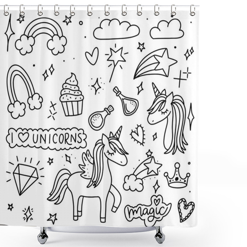 Personality  Unicorn And Magic Doodles. Cute Unicorn And Pony Collection With Magic Items. Hand Drawn Line Style. Vector Doodles Illustrations.  Shower Curtains