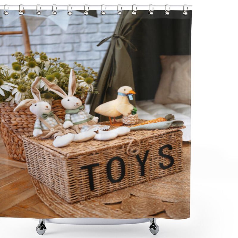 Personality  Soft Toys Displayed On A Wicker Box In A Charming, Cozy Indoor Space. Shower Curtains