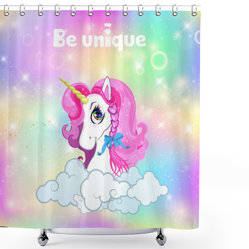 Personality  Unicorn Head Portrait On Bright Rainbow Sky Space Shower Curtains