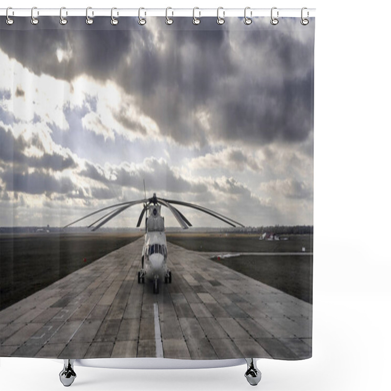 Personality  Heavy Transport Helicopter Aerial View. Loading Equipment On The Runway Shower Curtains