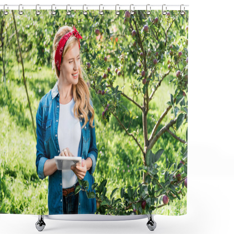 Personality  Attractive Farmer Examining Harvest In Apple Garden At Farm With Tablet Shower Curtains